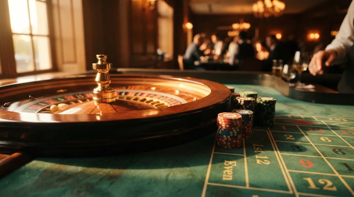 Roda de roleta e fichas sobre feltro verde, sob uma luz quente de fim de tarde — casinos com apple pay em portugal
