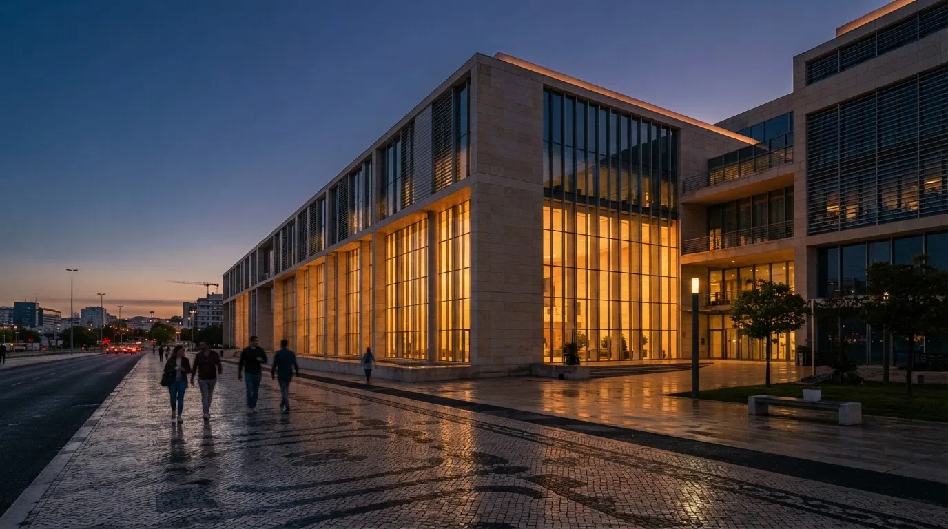 Fachada de um edifício administrativo moderno em Lisboa ao entardecer, com janelas amplas, calçada portuguesa e algumas pessoas a passar.