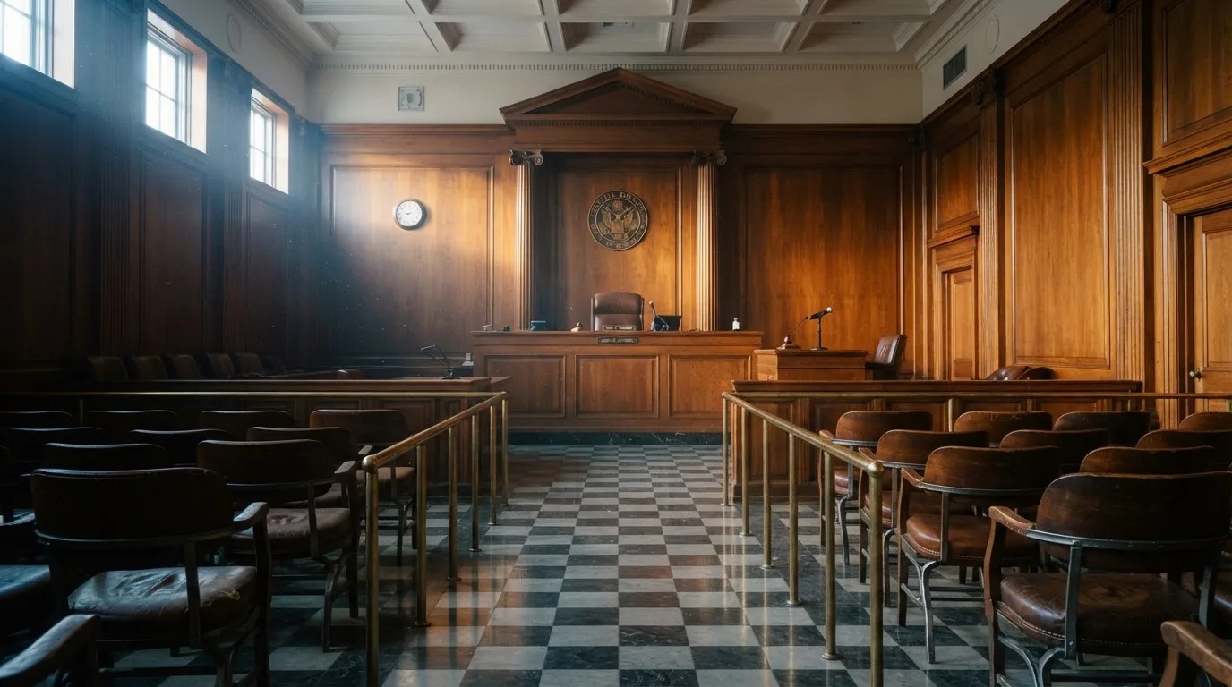 Sala de tribunal vazia com painéis de madeira, à luz da manhã — casinos com bônus em portugal