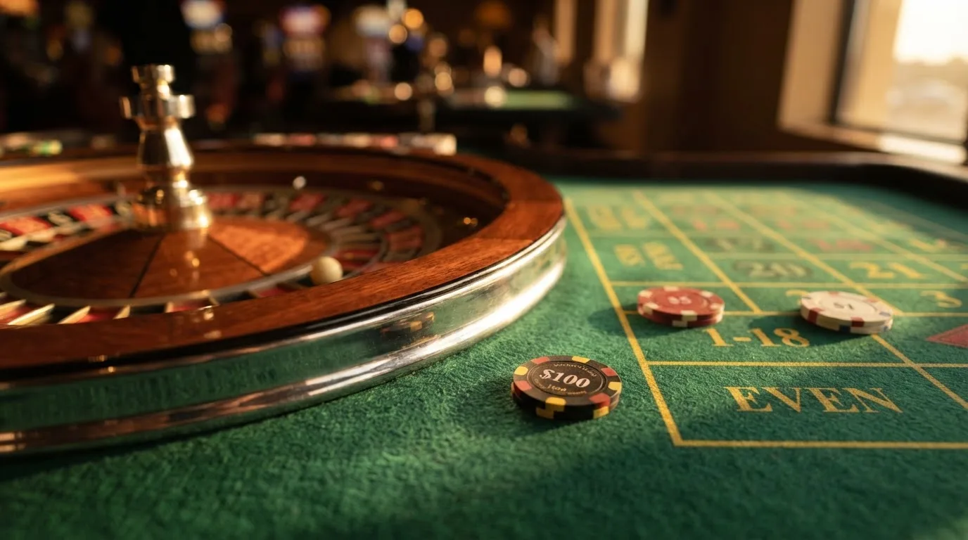 Roda de roleta e fichas sobre feltro verde, sob uma luz quente de fim de tarde — casinos com bônus em portugal