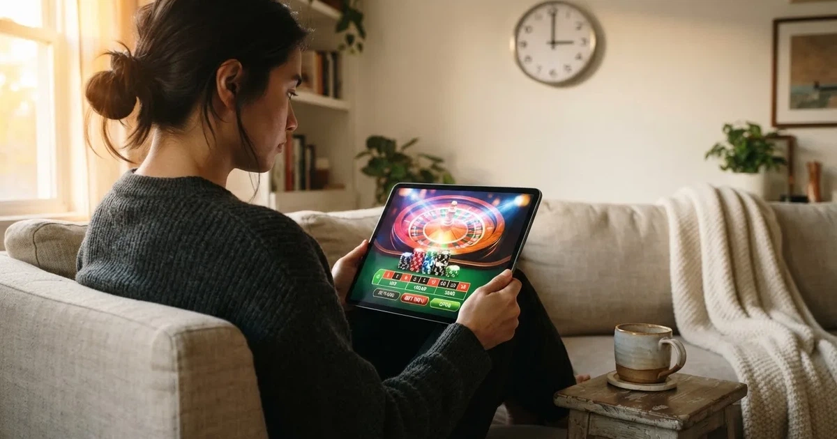 Pessoa num sofá a olhar pensativa para um tablet, com um relógio na parede atrás — casinos com bônus em portugal