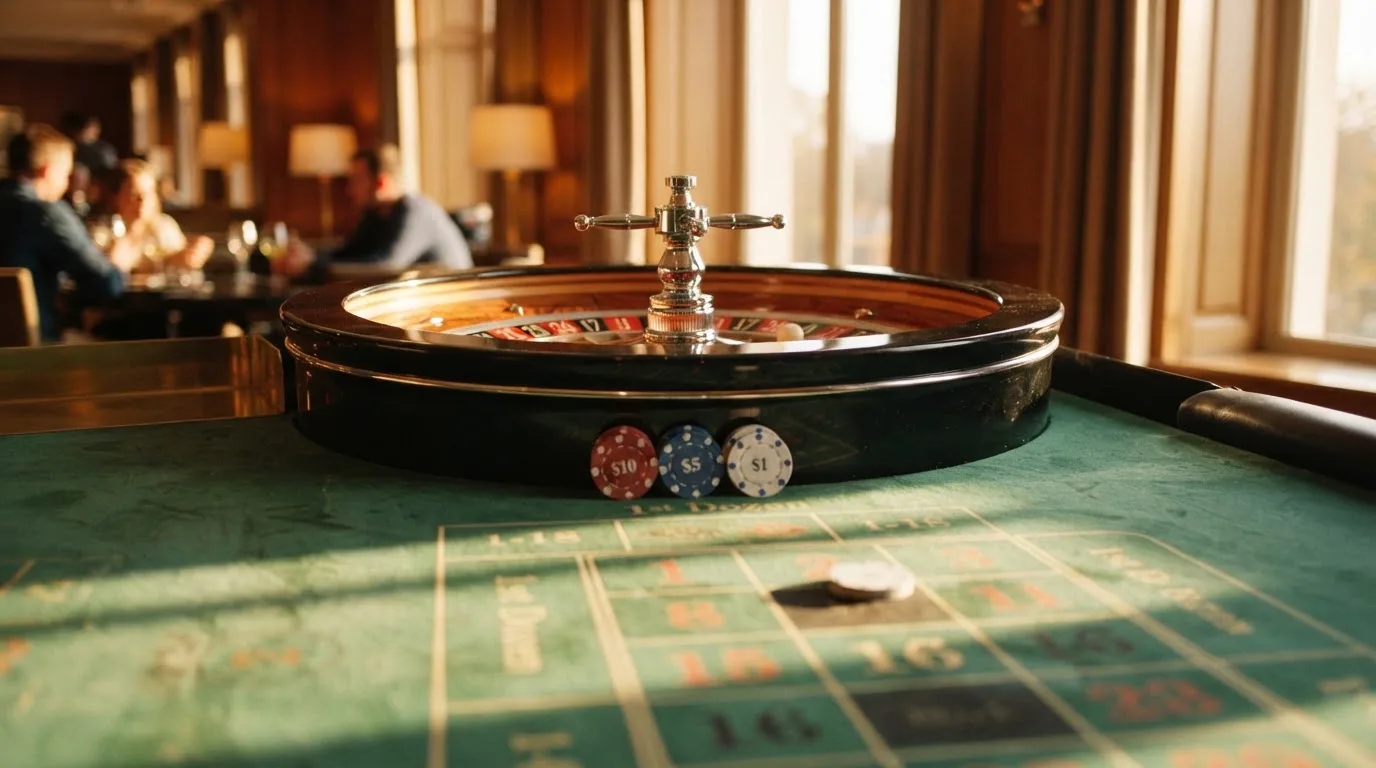 Roda de roleta e fichas sobre feltro verde, sob uma luz quente de fim de tarde — casinos com depósito mínimo pt