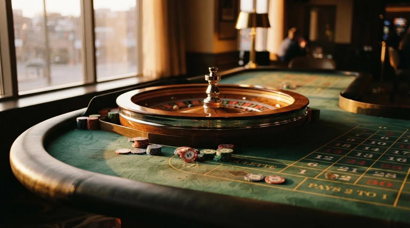 Roda de roleta e fichas sobre feltro verde, sob uma luz quente de fim de tarde — casinos com google pay em portugal