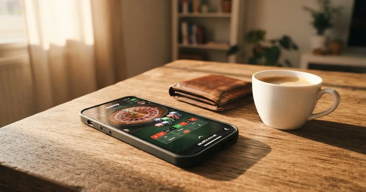 Telemóvel numa mesa de madeira ao lado de uma carteira e de uma chávena de café — casinos com google pay em portugal