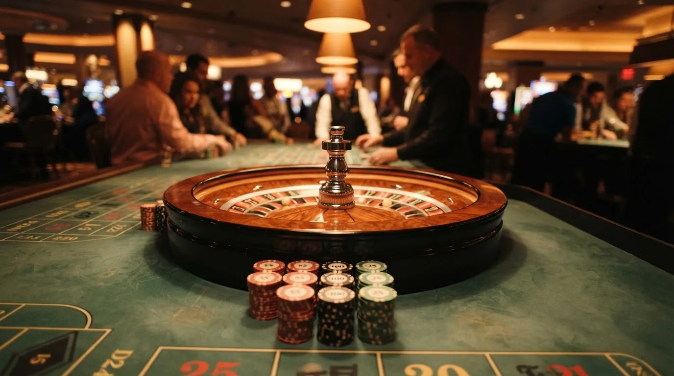 Roda de roleta e fichas sobre feltro verde, sob uma luz quente de fim de tarde — casinos com maestro em portugal