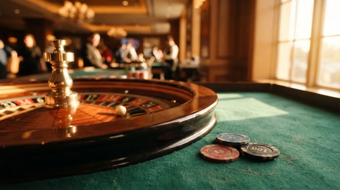 Roda de roleta e fichas sobre feltro verde, sob uma luz quente de fim de tarde — casinos com mastercard em portugal