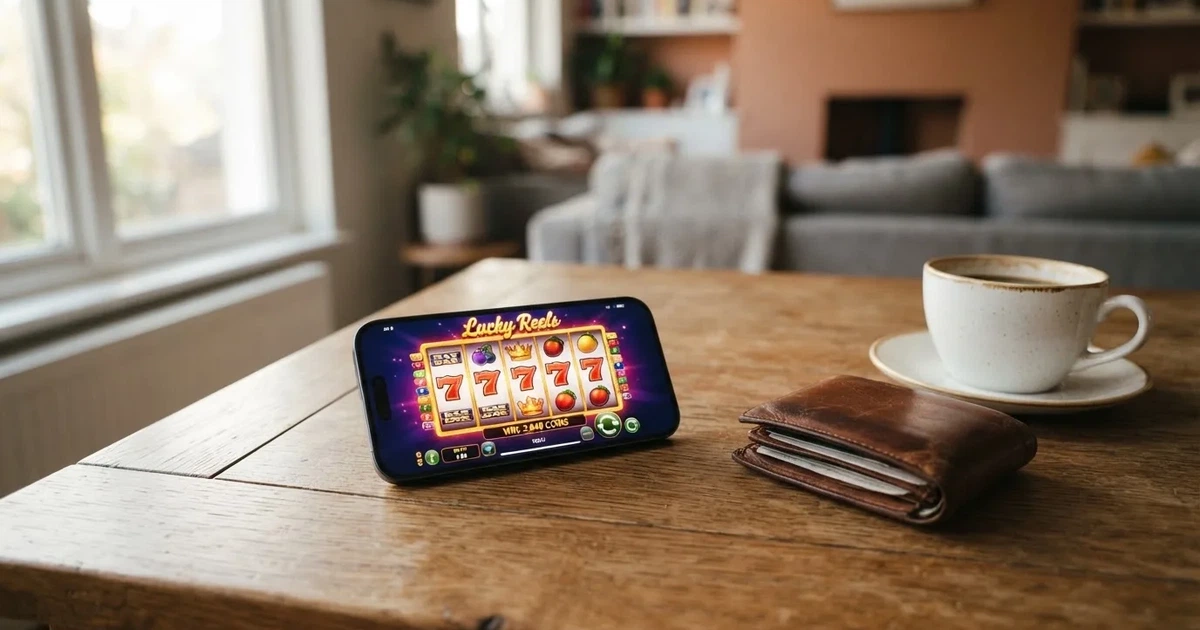 Telemóvel numa mesa de madeira ao lado de uma carteira e de uma chávena de café — casinos com mastercard em portugal