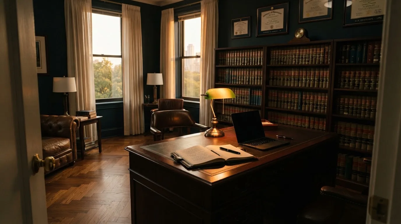 Escritório de advocacia com secretária de madeira, candeeiro de leitura e estantes de livros, sem pessoas, luz tranquila de fim de tarde.