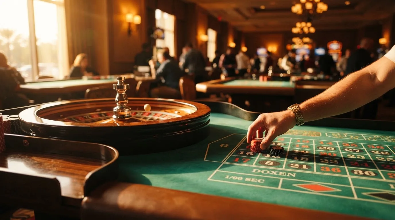 Roda de roleta e fichas sobre feltro verde, sob uma luz quente de fim de tarde — casinos com mifinity em portugal