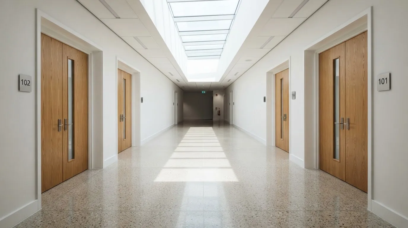 Corredor de um tribunal moderno com portas de madeira e pavimento polido, sem pessoas, luz natural vinda de uma claraboia.
