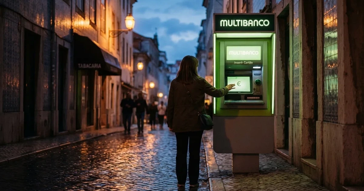 Pessoa de costas a usar um terminal bancário de rua ao anoitecer, com reflexos de candeeiros na calçada molhada.