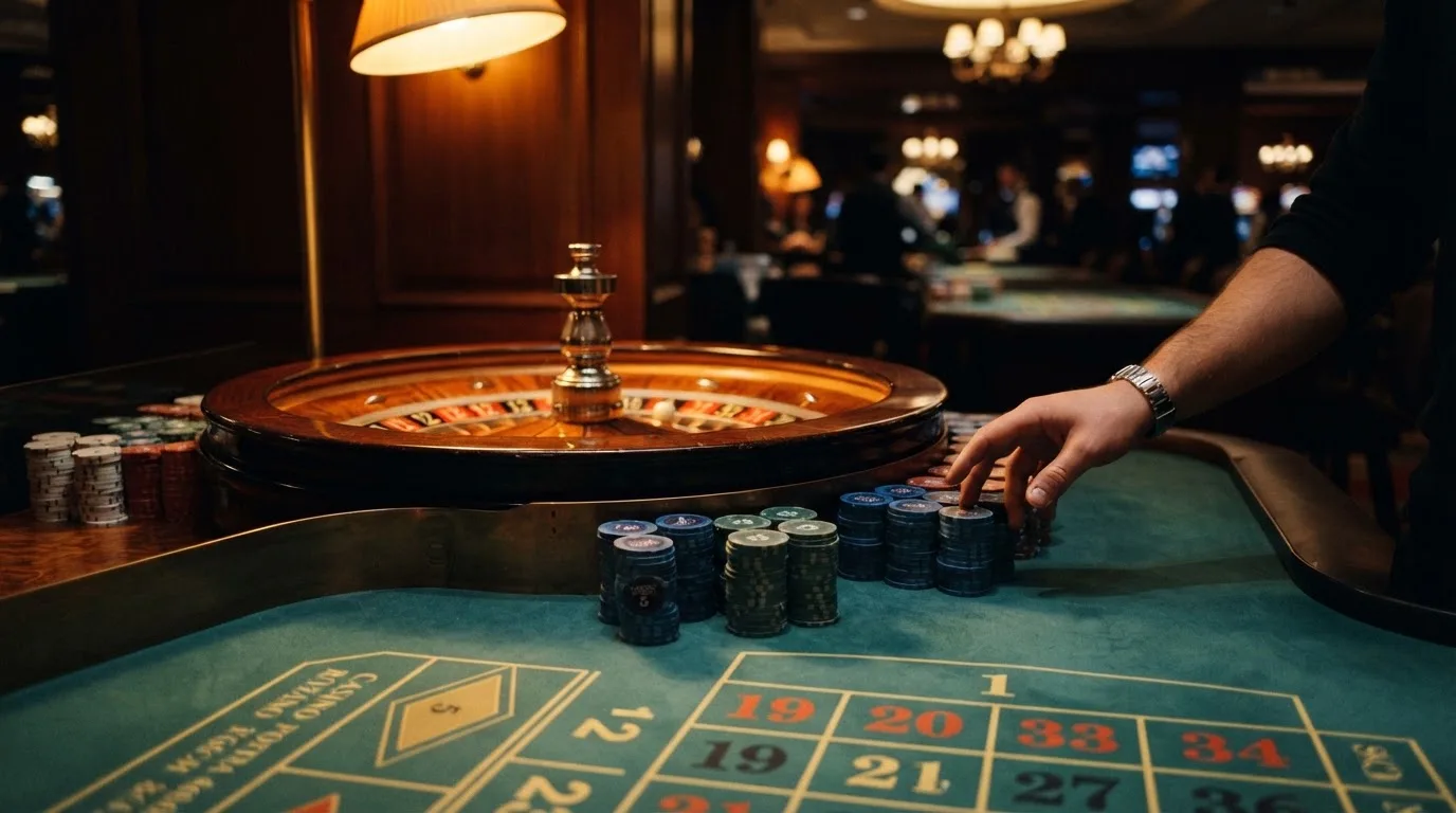 Roda de roleta e fichas sobre feltro verde, sob uma luz quente de fim de tarde — casinos com neteller em portugal