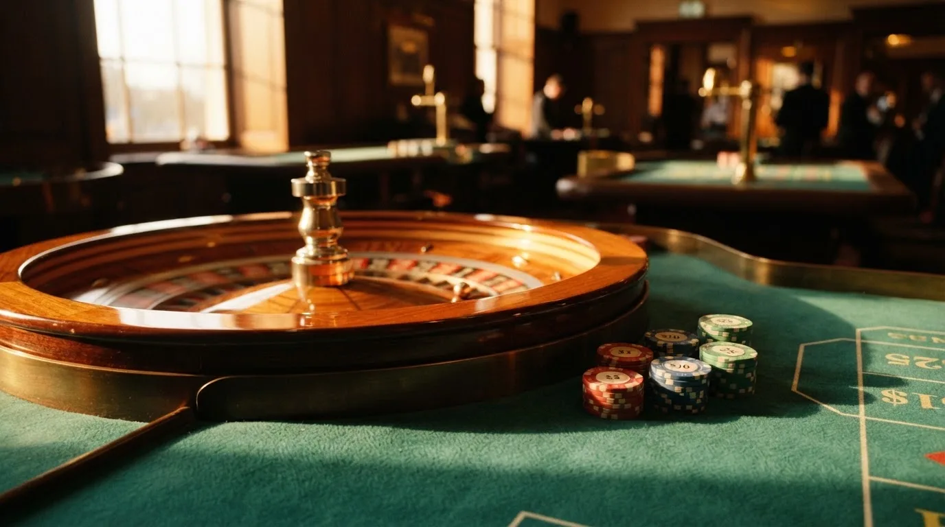 Roda de roleta e fichas sobre feltro verde, sob uma luz quente de fim de tarde — casinos com paypal em portugal