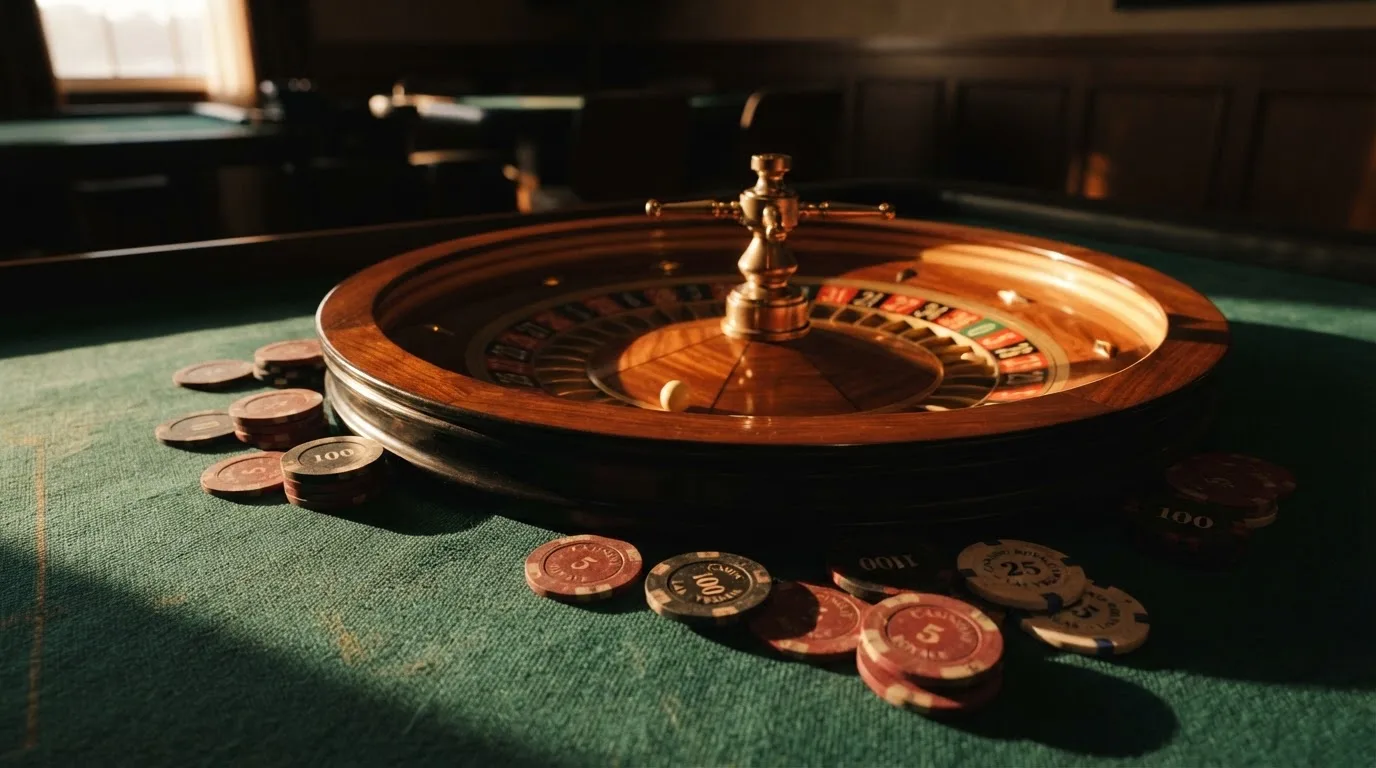Roda de roleta e fichas sobre feltro verde, sob uma luz quente de fim de tarde — casinos com paysafecard em portugal