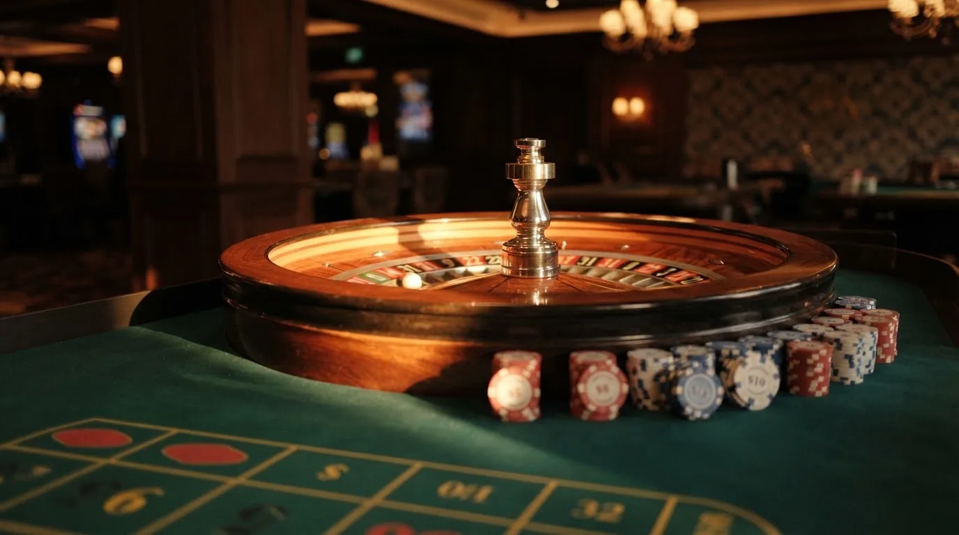 Roda de roleta e fichas sobre feltro verde, sob uma luz quente de fim de tarde — casinos com payu em portugal