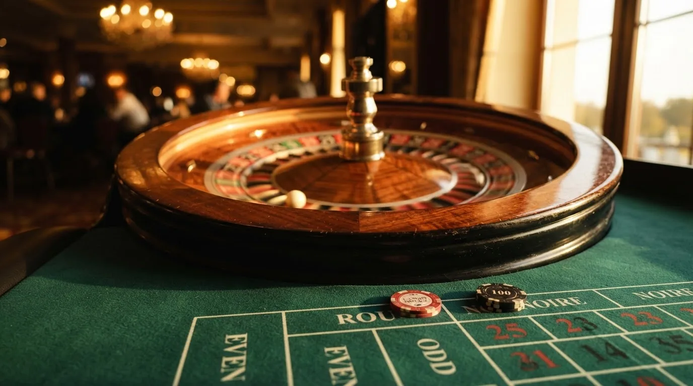 Roda de roleta e fichas sobre feltro verde, sob uma luz quente de fim de tarde — casinos com rodadas em portugal