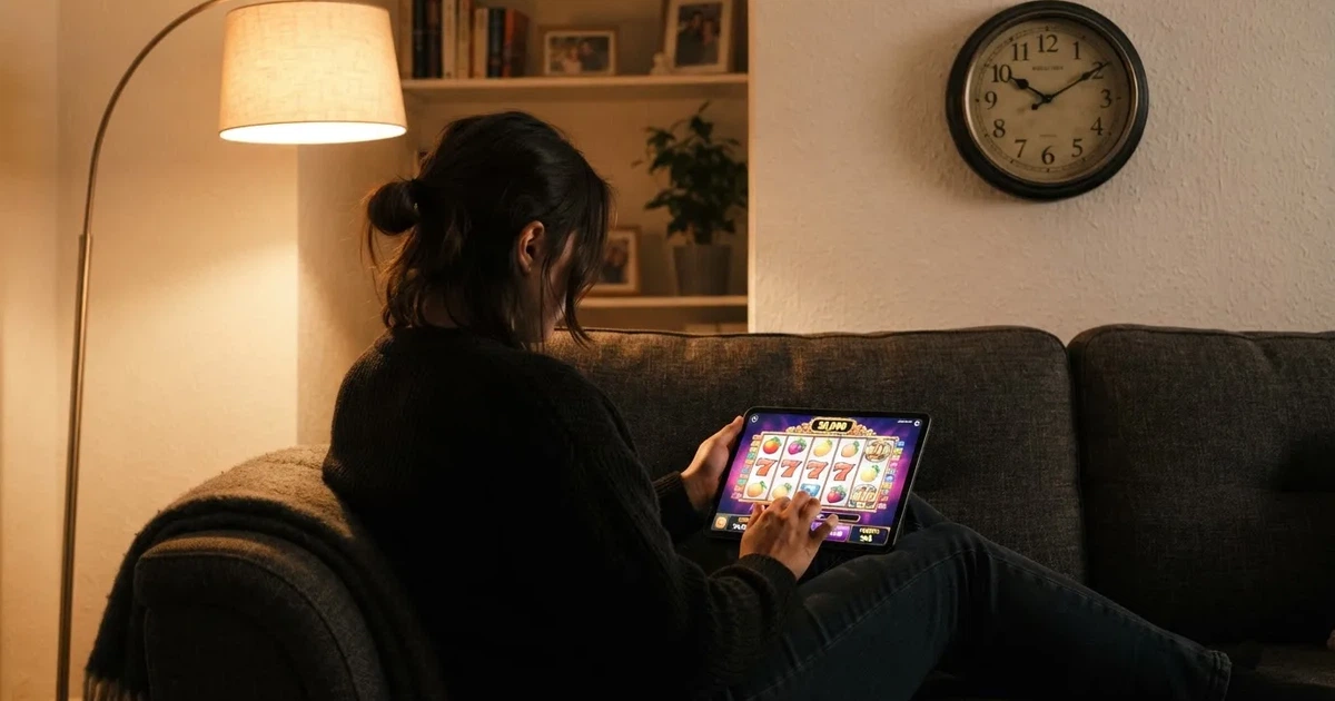 Pessoa num sofá a olhar pensativa para um tablet, com um relógio na parede atrás — casinos com rodadas em portugal