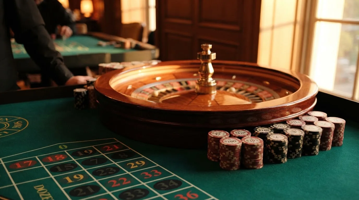 Roda de roleta e fichas sobre feltro verde, sob uma luz quente de fim de tarde — casinos com skrill em portugal