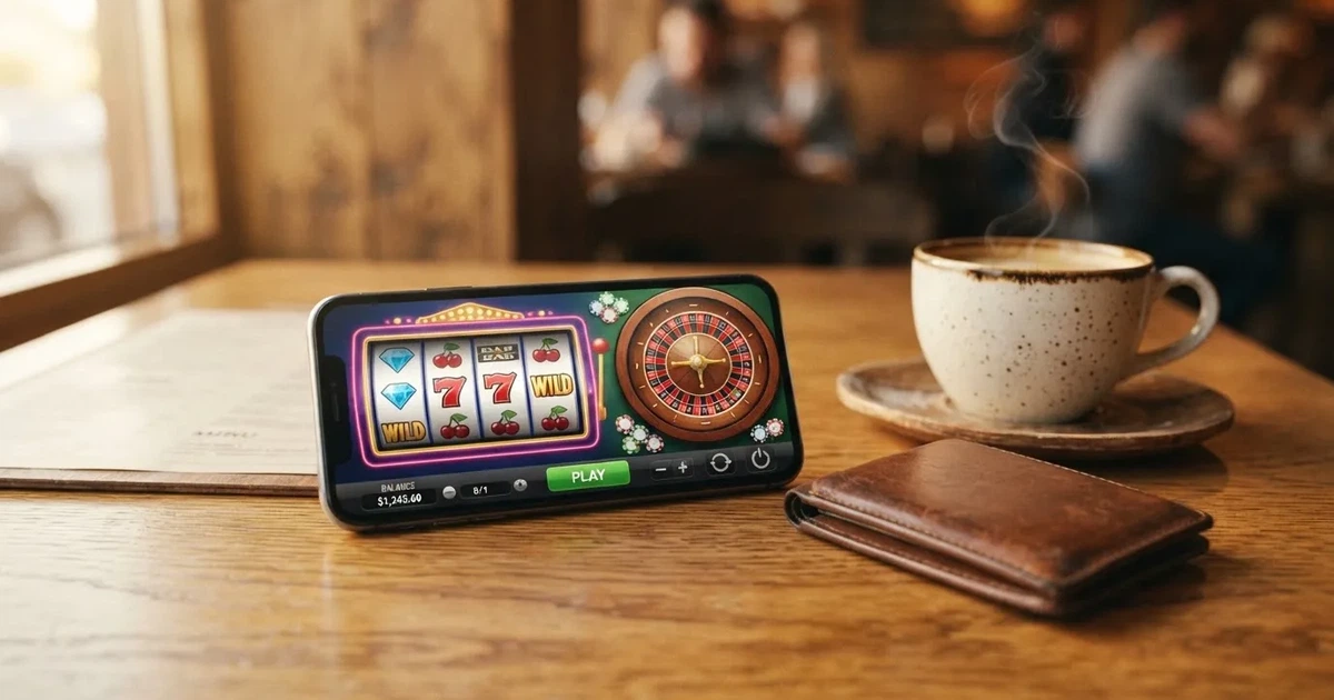 Telemóvel numa mesa de madeira ao lado de uma carteira e de uma chávena de café — casinos com skrill em portugal