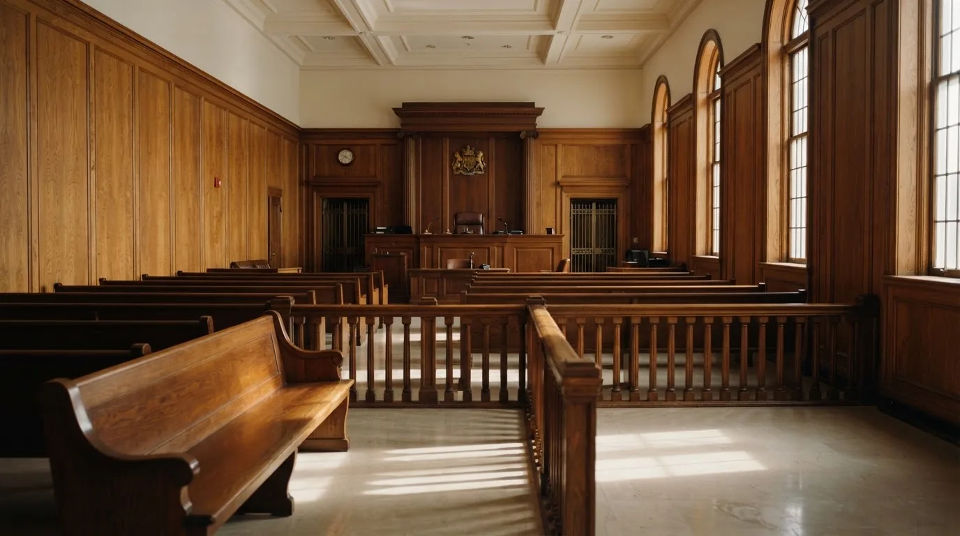 Sala de tribunal vazia com painéis de madeira, à luz da manhã — casinos com transferência bancária pt