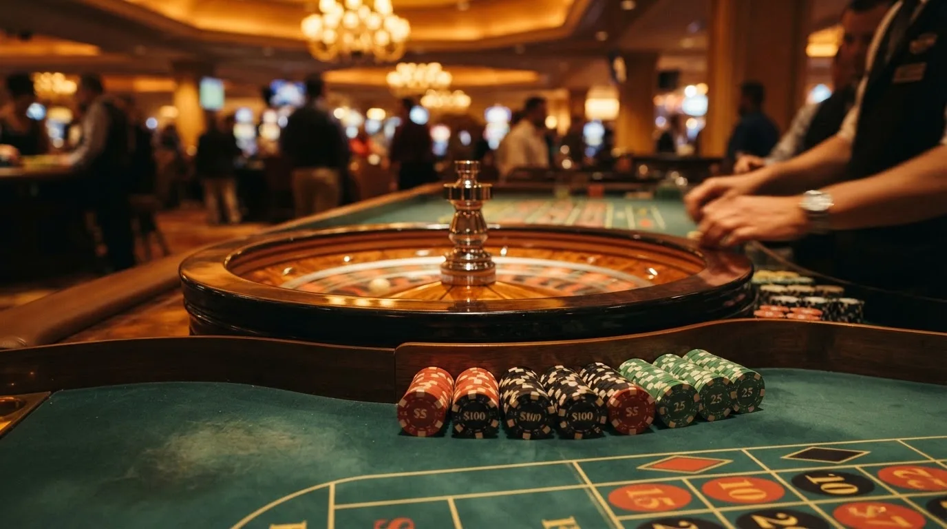 Roda de roleta e fichas sobre feltro verde, sob uma luz quente de fim de tarde — casinos com transferência bancária pt