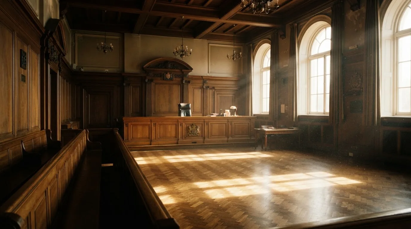Sala de tribunal vazia com painéis de madeira, à luz da manhã — casinos com visa em portugal