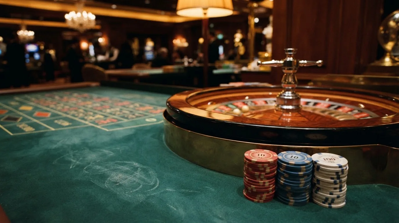 Roda de roleta e fichas sobre feltro verde, sob uma luz quente de fim de tarde — casinos com visa em portugal