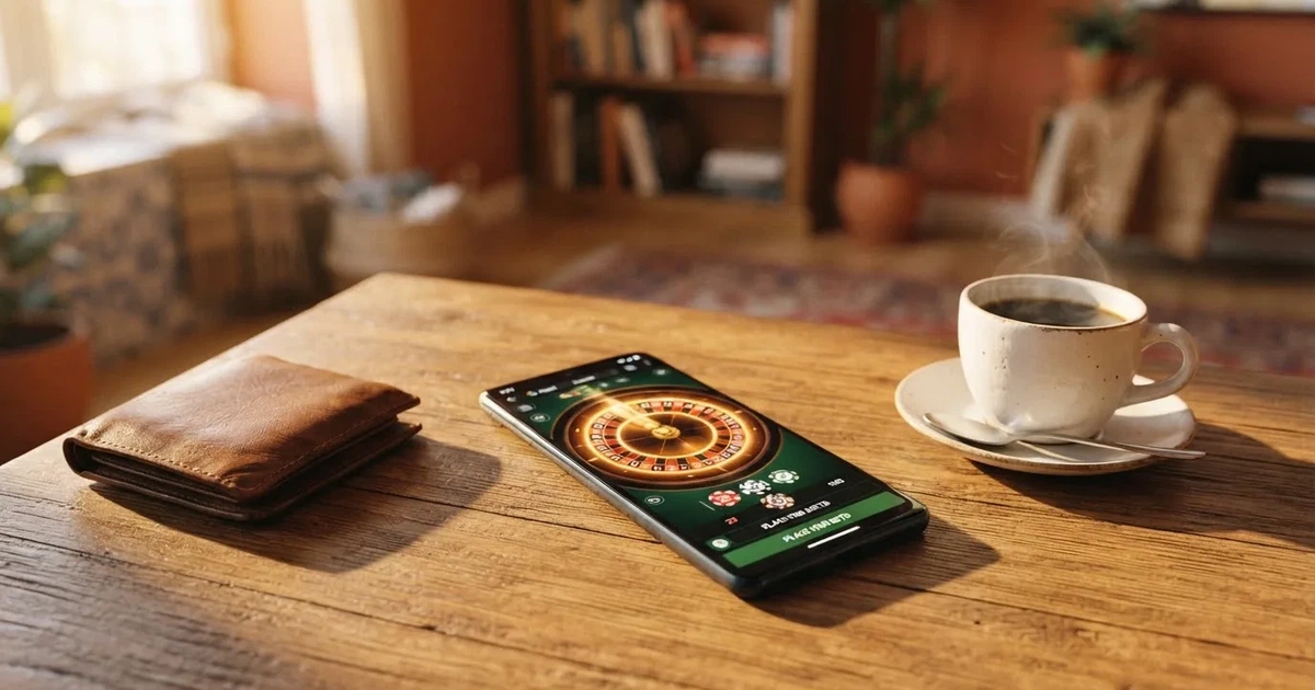 Telemóvel numa mesa de madeira ao lado de uma carteira e de uma chávena de café — casinos com visa em portugal