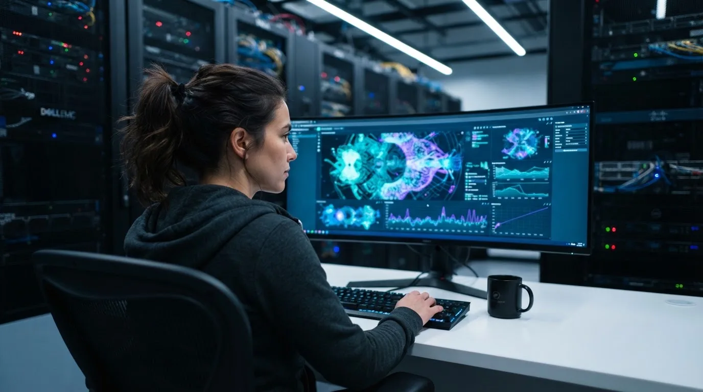 Mulher numa sala de computadores a observar um monitor com formas luminosas abstratas, ambiente de escritório moderno.