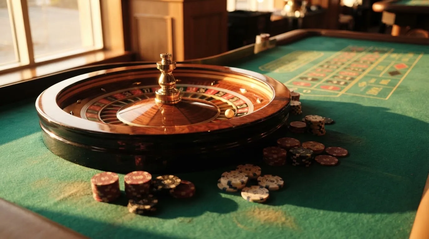 Roda de roleta e fichas sobre feltro verde, sob uma luz quente de fim de tarde — casinos grátis em portugal