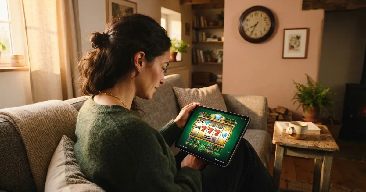 Pessoa num sofá a olhar pensativa para um tablet, com um relógio na parede atrás — casinos grátis em portugal
