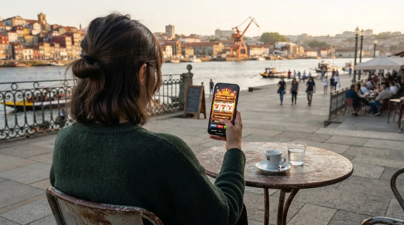 Pessoa a jogar no telemóvel numa esplanada, com um café pousado na mesa e o rio ao fundo, sob sol suave.
