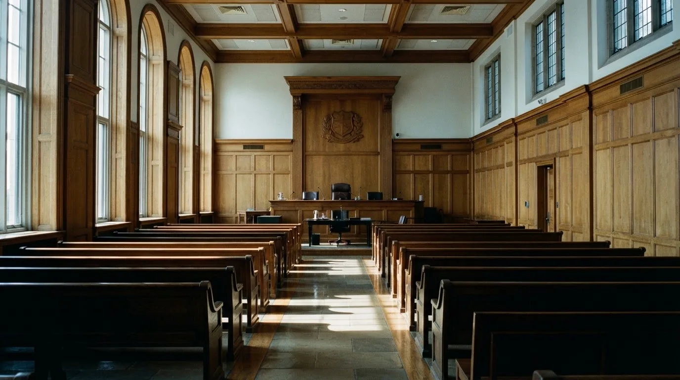 Sala de tribunal vazia com painéis de madeira, à luz da manhã — casinos online com depósito pt