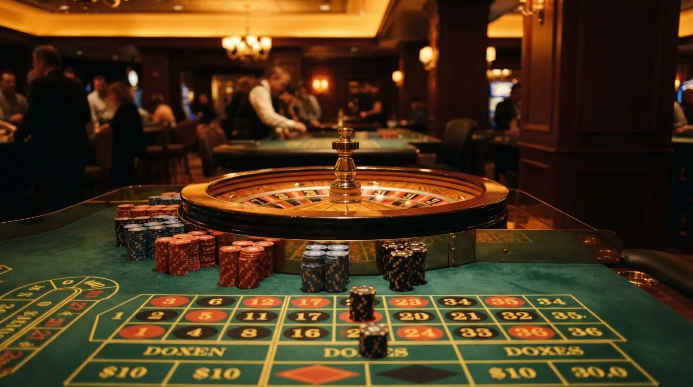 Roda de roleta e fichas sobre feltro verde, sob uma luz quente de fim de tarde — casinos online com depósito pt