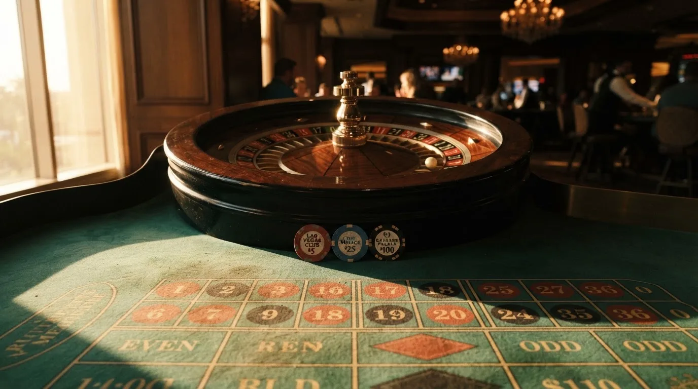 Roda de roleta e fichas sobre feltro verde, sob uma luz quente de fim de tarde — casinos online grátis em portugal
