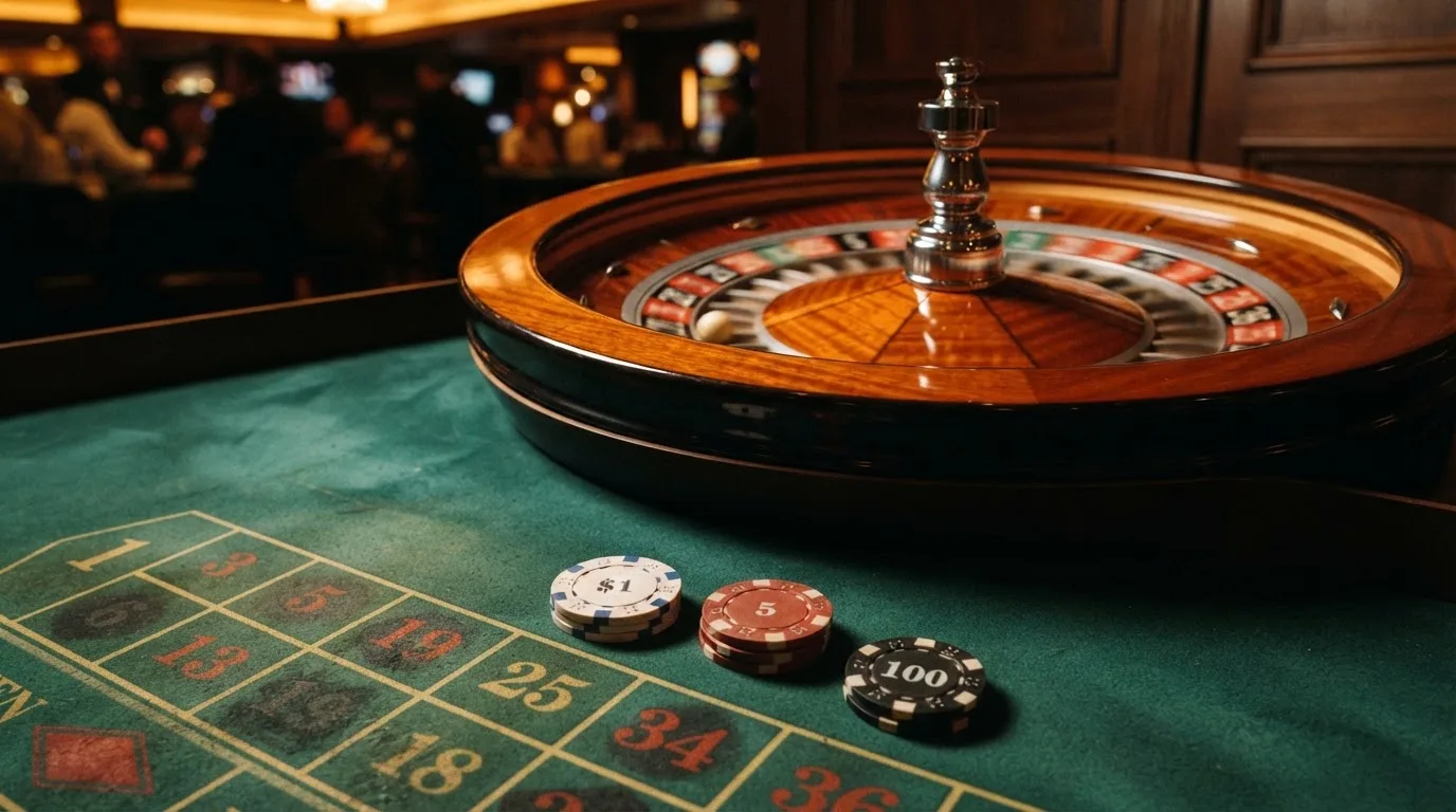Roda de roleta e fichas sobre feltro verde, sob uma luz quente de fim de tarde — casinos online sem depósito pt