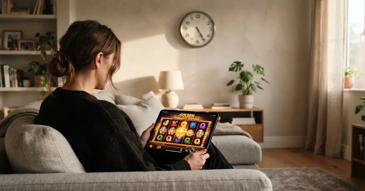 Pessoa num sofá a olhar pensativa para um tablet, com um relógio na parede atrás — casinos online sem depósito pt