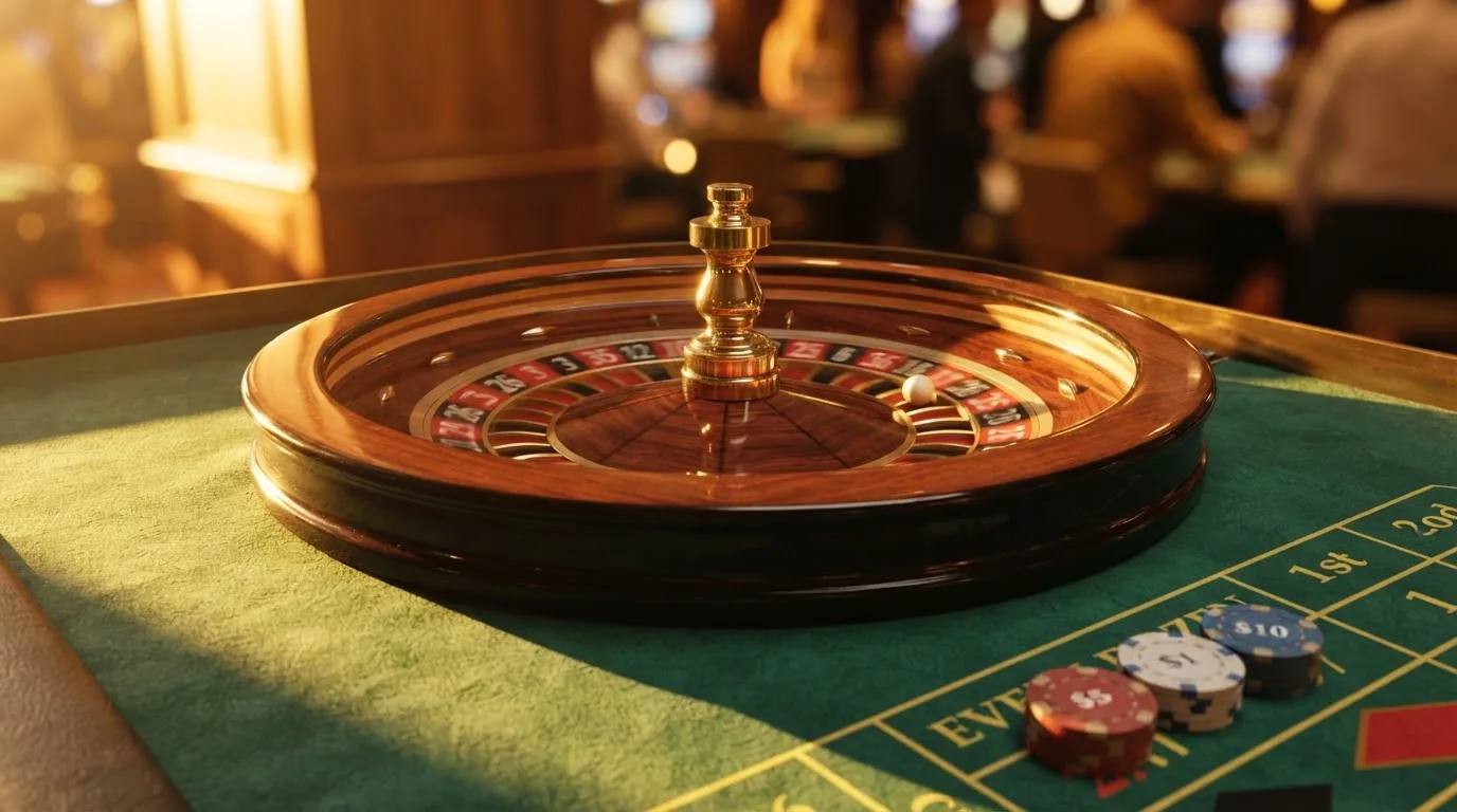 Roda de roleta e fichas sobre feltro verde, sob uma luz quente de fim de tarde — casinos para ganhar dinheiro pt