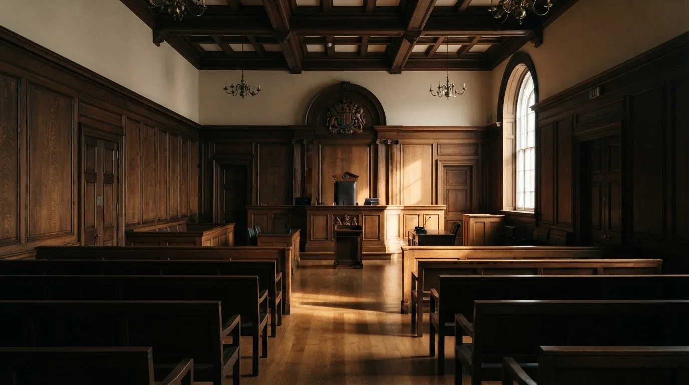 Sala de tribunal vazia com painéis de madeira, à luz da manhã — cassino com bônus em portugal