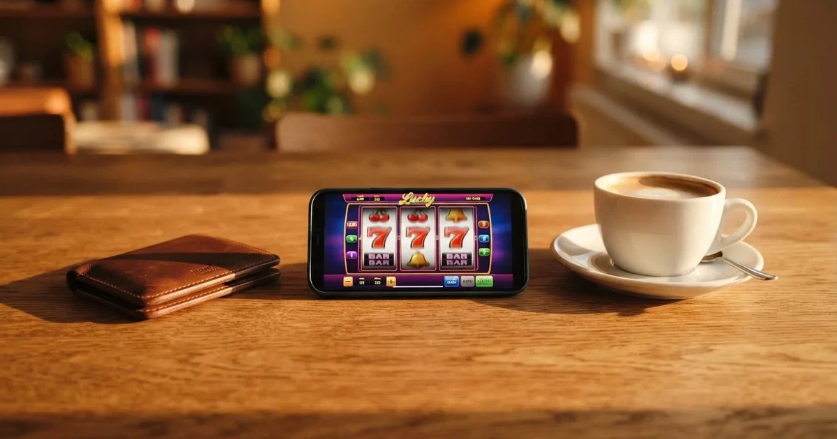 Telemóvel numa mesa de madeira ao lado de uma carteira e de uma chávena de café — cassino com depósito em portugal