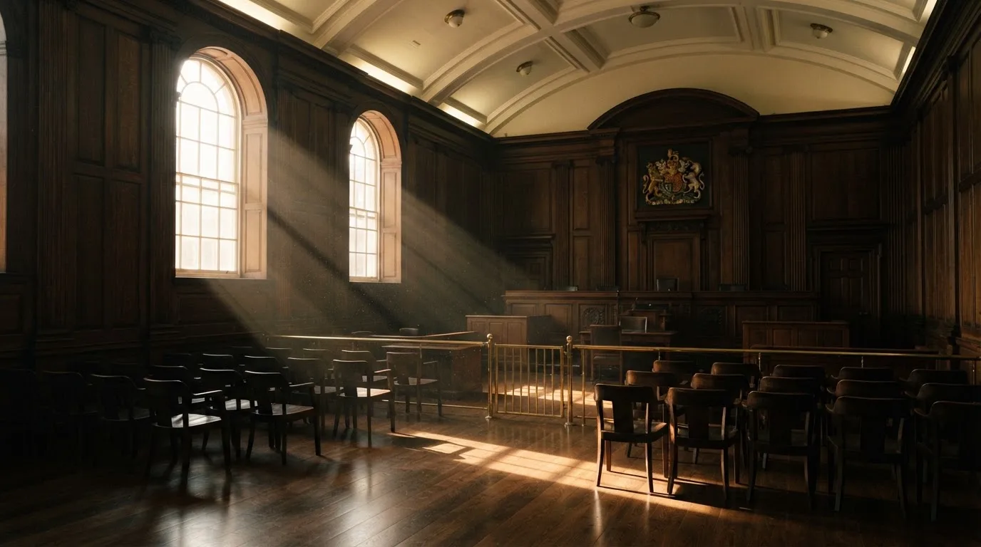 Sala de tribunal vazia com painéis de madeira, à luz da manhã — cassino grátis em portugal