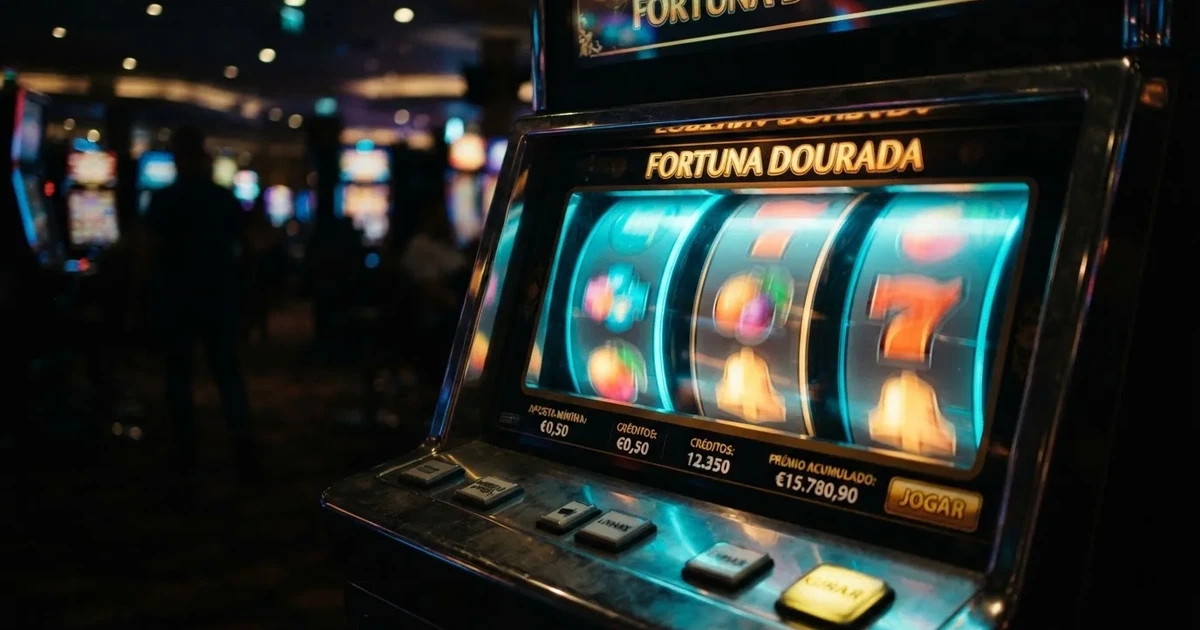 Rolos luminosos de uma slot machine numa sala escura, em grande plano — cassino grátis em portugal
