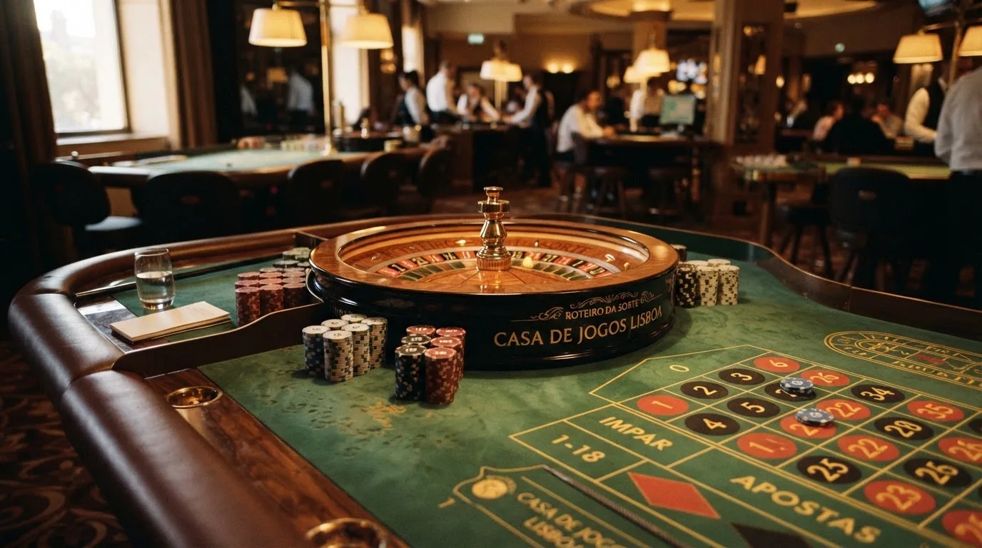 Roda de roleta e fichas sobre feltro verde, sob uma luz quente de fim de tarde — cassino seguro em portugal