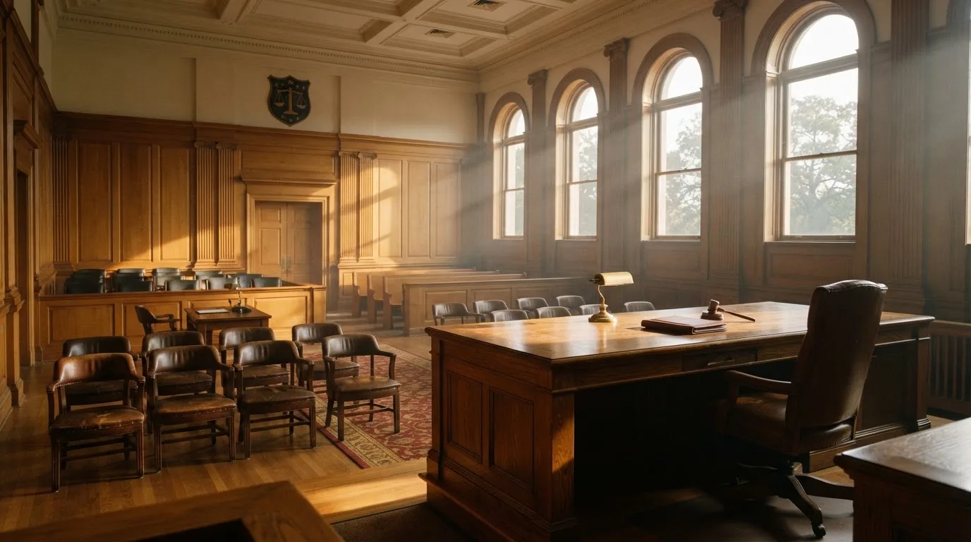Sala de tribunal vazia com painéis de madeira, à luz da manhã — cassino sem depósito em portugal