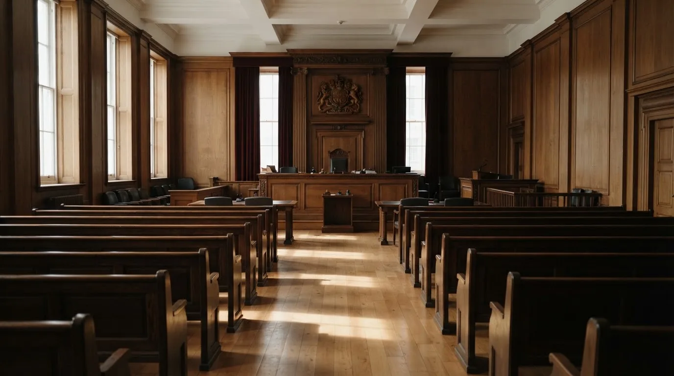 Sala de tribunal vazia com painéis de madeira, à luz da manhã — cassinos com bitcoin em portugal