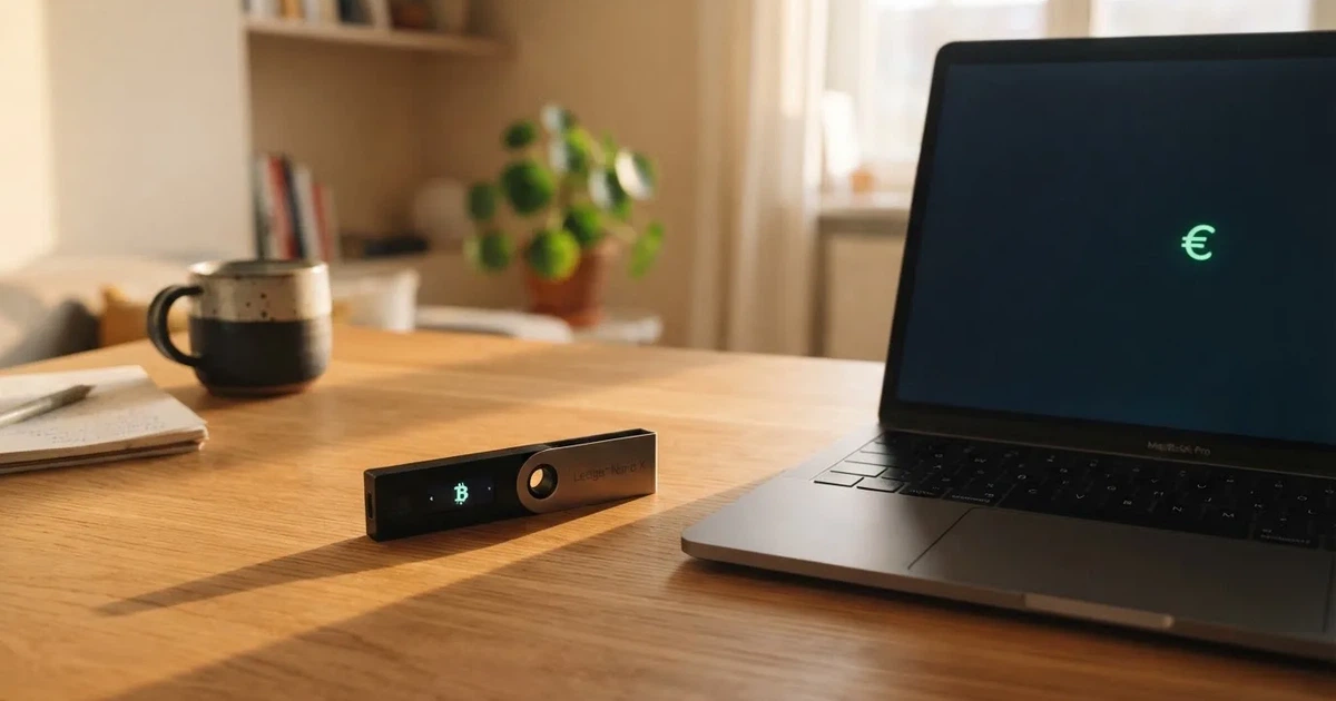 Carteira de hardware e computador portátil numa secretária, com luz suave — cassinos de criptomoedas pt