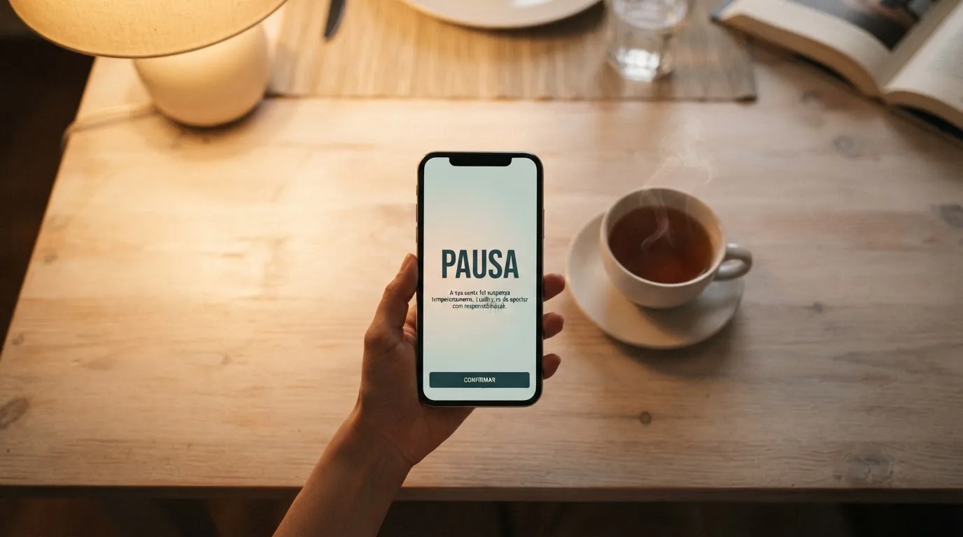 Mão a segurar um telemóvel ao lado de uma chávena de chá numa mesa de cozinha, numa noite tranquila — cassinos online em portugal