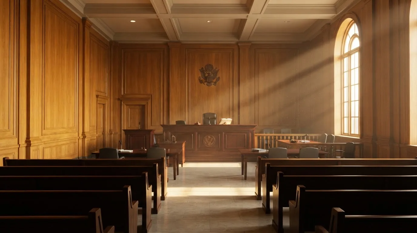Sala de tribunal vazia com painéis de madeira, à luz da manhã — cassinos sem kyc em portugal
