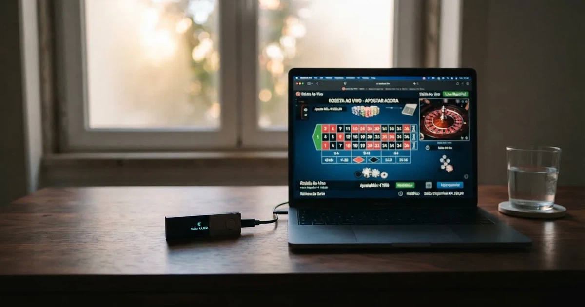 Carteira de hardware e computador portátil numa secretária, com luz suave — cassinos sem kyc em portugal