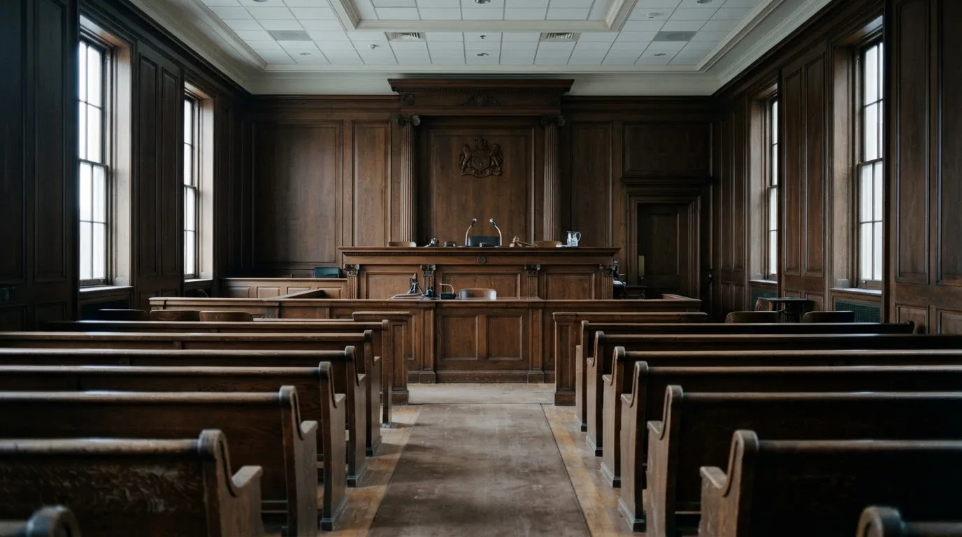 Sala de tribunal vazia com painéis de madeira, à luz da manhã — como jogar em casino pt
